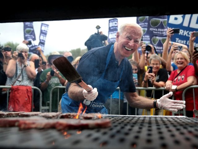 DES MOINES, IOWA - SEPTEMBER 21: Democratic presidential candidate, former Vice President Joe Biden works the grill at the Polk County Democrats' Steak Fry on September 21, 2019 in Des Moines, Iowa. Seventeen of the 2020 Democratic presidential candidates and more than 12,000 of their supporters made an appearance at …
