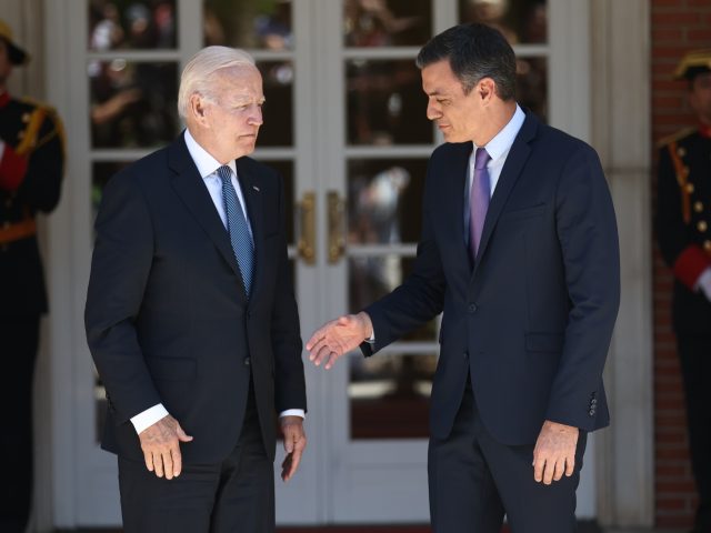 MADRID, SPAIN - JUNE 28: The President of the United States, Joe Biden (l), is received by the President of the Government, Pedro Sanchez (r), upon his arrival for a meeting at La Moncloa Palace, on 28 June, 2022 in Madrid, Spain. Joe Biden has arrived early in the afternoon …