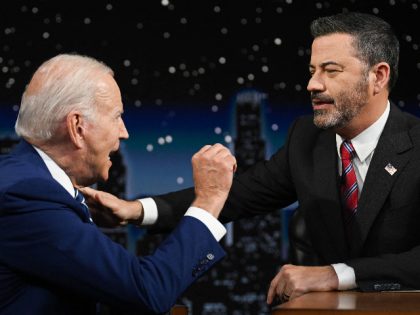 US President Joe Biden speaks with host Jimmy Kimmel as he makes his first in-person appearance on "Jimmy Kimmel Live!" during his Los Angeles visit to attend the Summit of the Americas, in Hollywood, California, June 8, 2022. (Photo by Jim WATSON / AFP) (Photo by JIM WATSON/AFP via Getty …