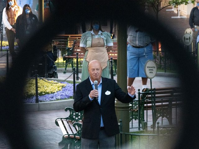 Bob Chapek, chief executive officer of Walt Disney Co., speaks during the reopening of the