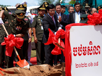 Cambodia's Defence Minister Tea Banh (L) and China's Ambassador to Cambodia Wang Wentian (C) take part in a groundbreaking ceremony at the Ream naval base in Preah Sihanouk province on June 8, 2022. (Photo by Pann Bony / AFP)