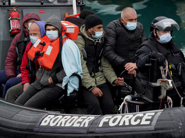 A group of people thought to be migrants are brought in to Dover, Kent, onboard a Border F