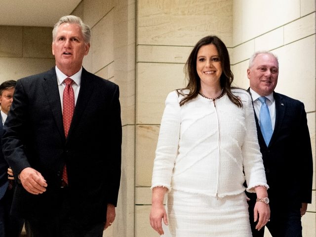 UNITED STATES - MAY 14: From left, House Minority Leader Kevin McCarthy, R-Calif., newly elected House Republican Conference chair Rep. Elise Stefanik, R-N.Y., and House Minority Whip Steve Scalise, R-La., walk to the microphones to speak to reporters following the House Republicans caucus meeting to elect a new House Republican …
