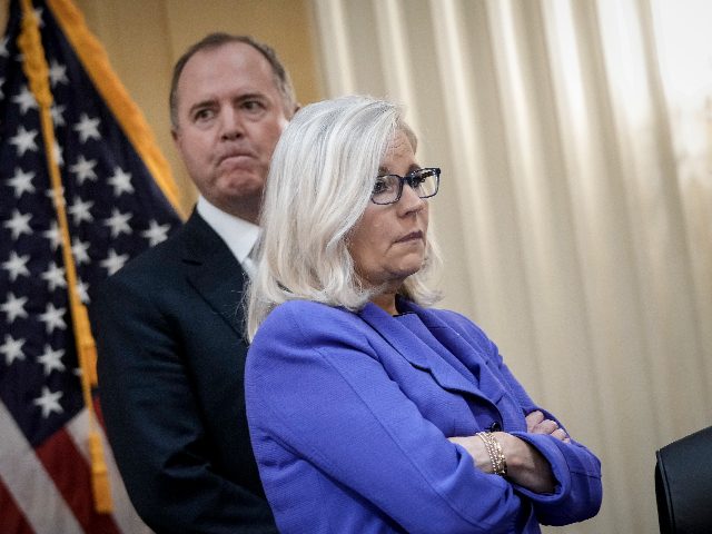WASHINGTON, DC - JUNE 9: (L-R) Rep. Adam Schiff (D-CA) and Rep. Liz Cheney (R-WY) look on during a break in a hearing of the Select Committee to Investigate the January 6th Attack on the U.S. Capitol in the Cannon House Office Building on June 9, 2022 in Washington, DC. …