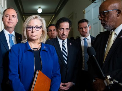 UNITED STATES - JULY 27: From left, Reps. Elaine Luria, D-Va., Adam Schiff, D-Calif., Liz Cheney, R-Wyo., Pete Aguilar, D-Calif., Jamie Raskin, D-Md., Adam Kinzinger, R-Ill., and Chairman Bennie Thompson, D-Miss., address the media after the House Jan. 6 select committee hearing in Cannon Building to examine the January 2021 …