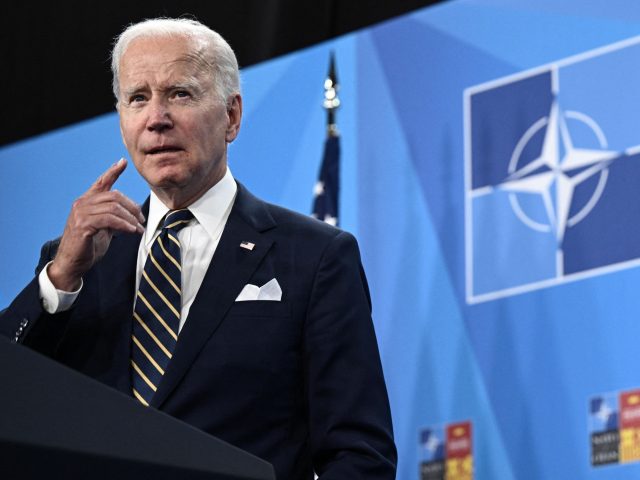 US President Joe Biden gestures as he addresses media representatives during a press conference at the NATO summit at the Ifema congress centre in Madrid, on June 30, 2022. (Photo by Brendan Smialowski / AFP) (Photo by BRENDAN SMIALOWSKI/AFP via Getty Images)