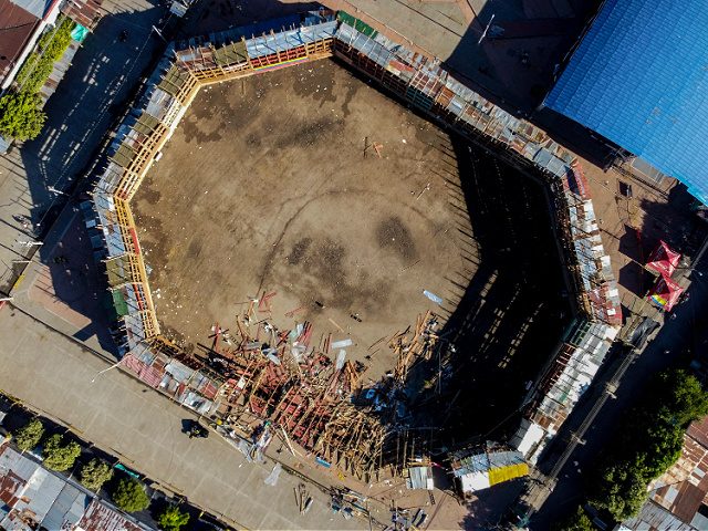ESPINAL, TOLIMA - JUNE 27: An aerial view of the scene after three-storey wooden stand col