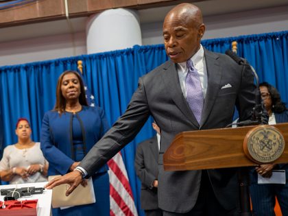 NEW YORK, NEW YORK - JUNE 29: New York City Mayor Eric Adams speaks during a news conference with Attorney General Letitia James and others to announce a new lawsuit against "ghost gun" distributors on June 29, 2022 in New York City. The city's lawsuit is against 10 distributors of …