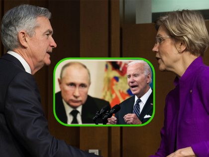 Fed Chairman Jerome Powell shakes hands with Sen. Elizabeth Warren (D-MA) on November 28, 2017 (Saul Loeb/AFP via Getty Images). Inset: An image of Russian President Vladimir Putin is displayed as President Joe Biden speaks about gas prices at the White House on June 22, 2022. Biden called on Congress …
