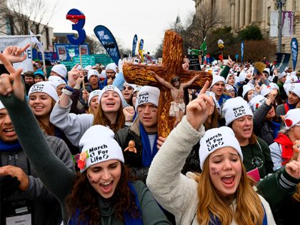 Pro-life demonstrators take part in the 47th annual "March for Life" in Washington, DC, on January 24, 2020. (Photo by Roberto SCHMIDT / AFP) (Photo by ROBERTO SCHMIDT/AFP via Getty Images)
