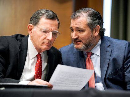 WASHINGTON, DC - MARCH 23: Sen. John Barrasso (R-WY) and Sen. Ted Cruz (R-TX) talk at the confirmation hearing for Samantha Power, nominee to be Administrator of the U.S. Agency for International Development, before the Senate Foreign Relations Committee on March 23, 2021 on Capitol Hill in Washington, DC. Power …