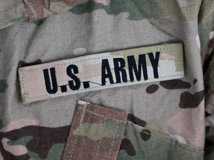 A US army sign is pictured on a soldier's uniform at the United States Army military training base in Grafenwoehr, southern Germany, on March 11, 2022. (Photo by Christof STACHE / AFP) (Photo by CHRISTOF STACHE/AFP via Getty Images)