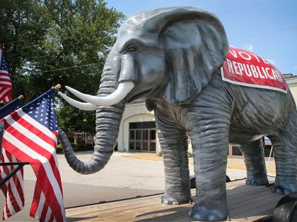 DAVENPORT, IA - JULY 17: A Republican elephant prop sits in front of the Starlite Ballroom at The Mississippi Valley Fairgrounds where New Jersey Gov. Chris Christie was expected to speak on July 17, 2014 in Davenport, Iowa. Christie's Iowa schedule included two fundraisers and a campaign stop with Iowa …
