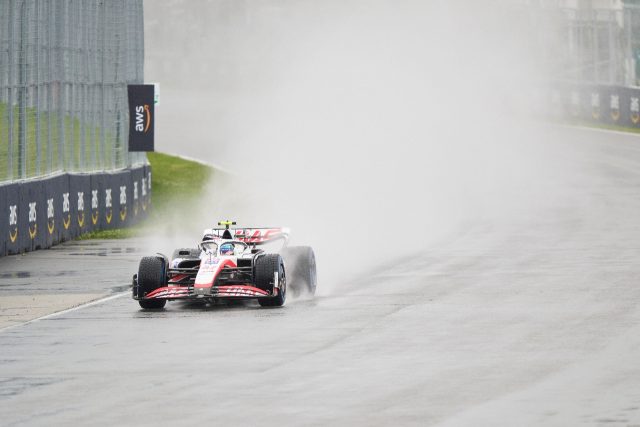 German Mick Schumacher revels in the rain, putting his Haas in sixth place on the grid for