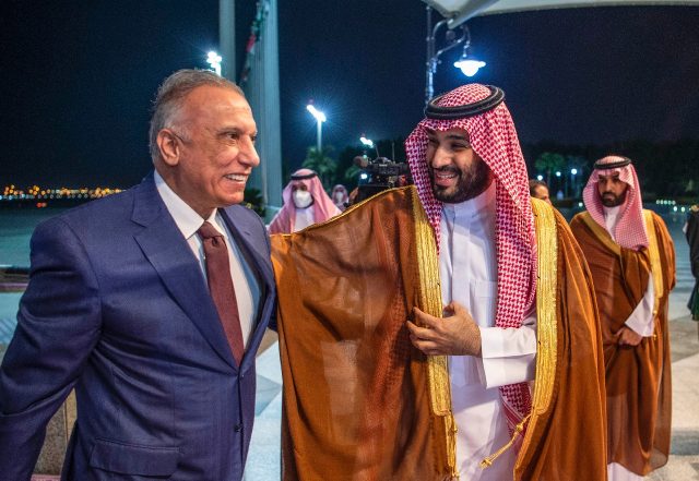 Saudi Crown Prince Mohammed bin Salman (R) receives Iraqi Prime Minister Mustafa al-Kadhem