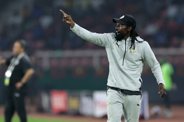 Senegal coach Aliou Cisse instructs his team during the Africa Cup of Nations final agains