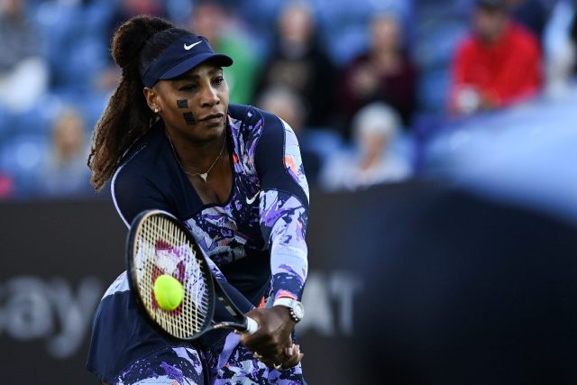 Serena Williams in doubles action at Eastbourne