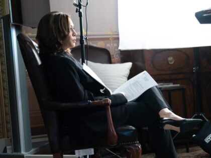Vice President Kamala Harris goes over speech prep for a trip to Singapore in the Eisenhow