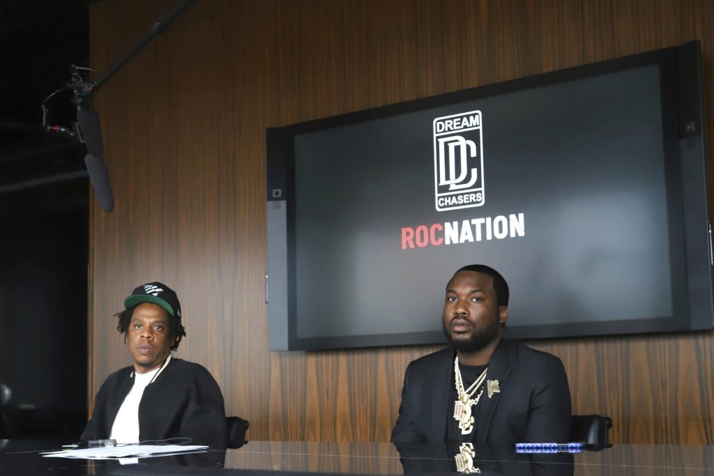 Jay-Z, left, and Meek Mill make an announcement of the launch of Dream Chasers record label in joint venture with Roc Nation, at the Roc Nation headquarters on Tuesday, July 23, 2019, in New York. (Photo by Greg Allen/Invision/AP)