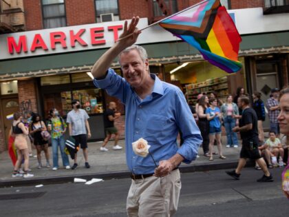 BROOKLYN, NEW YORK - JUNE 11: Former New York mayor and now congressional candidate Bill De Blasio marches in the Brooklyn Gay Pride parade on June 11, 2022 in the Park Slope neighborhood of Brooklyn, New York. (Photo by Andrew Lichtenstein/Corbis via Getty Images)