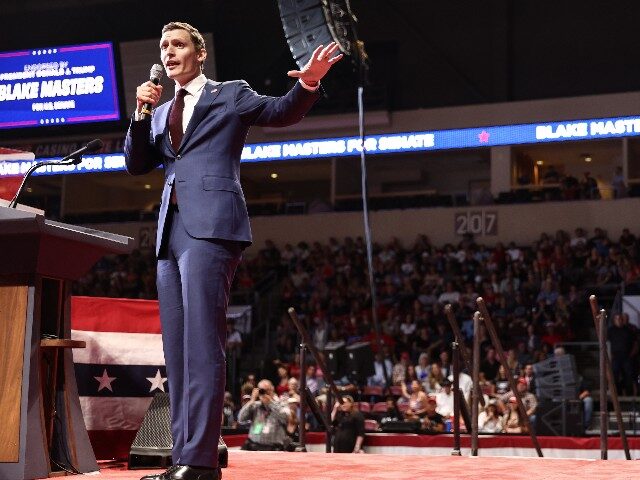 Republican Senate candidate Blake Masters speaks at a 'Save America' rally by former Presi