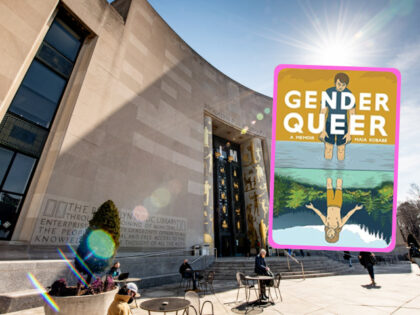 A view of the Central Library Building of the Brooklyn Public Library on March 9, 2021. Inset image: book cover of "Gender Queer" by Maia Kobabe. (Roy Rochlin/Getty Images; BNN)