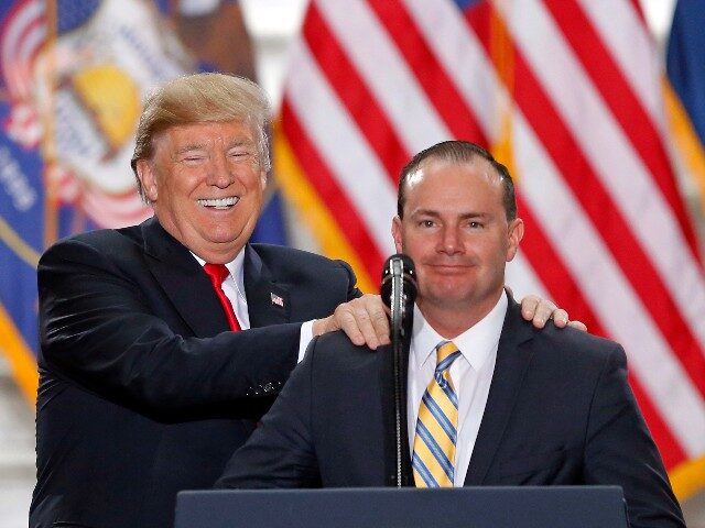 President Donald Trump stands with Sen. Mike Lee, R-Utah, on Dec. 4, 2017, at the Utah State Capitol. Two well-funded challengers will attempt to unseat second-term Lee in Utah's Republican primary in a race that will test whether loyalty to former President Donald Trump remains a litmus test for Republican …