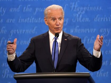 Democratic presidential candidate former Vice President Joe Biden participates during the second and final presidential debate Thursday, Oct. 22, 2020, at Belmont University in Nashville, Tenn., with President Donald Trump. (Julio Cortez/AP)