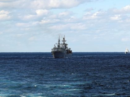 The warship formations of China and Russia sail through the Tsugaru Strait during the nava