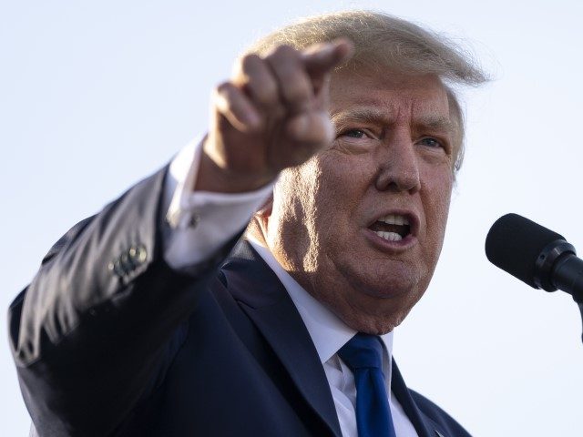 Former U.S. President Donald Trump speaks during a rally hosted by the former president at