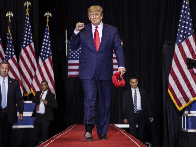 Former President Donald Trump arrives to speak at a rally on May 28, 2022, in Casper, Wyoming. The rally is being held to support Harriet Hageman, Rep. Liz Cheney’s primary challenger in Wyoming. (Chet Strange/Getty Images)