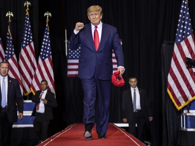 Former President Donald Trump arrives to speak at a rally on May 28, 2022, in Casper, Wyom