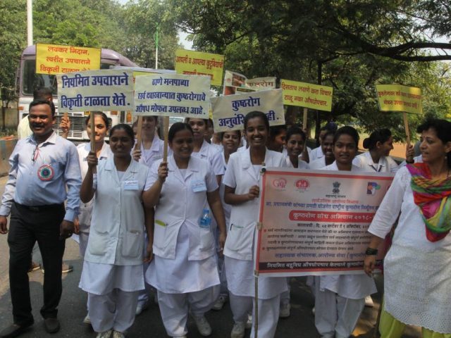 MUMBAI, INDIA - OCTOBER 3: Nurses and doctors participate in a rally to create awareness about leprosy organised by Thane Civil Hospital, on October 3, 2018 in Mumbai, India. The rally started from civil hospital to Thane station. (Photo by Praful Gangurde/Hindustan Times via Getty Images)