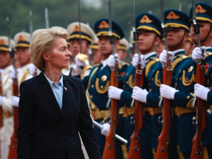 German Defense Minister Ursula von der Leyen (C) and China's Minister of National Defense General Wei Fenghe (not pictured) review honour guards during a military honours ceremony at the Bayi building in Beijing on October 22, 2018. (Photo by HOW HWEE YOUNG / POOL / AFP) (Photo credit should read …