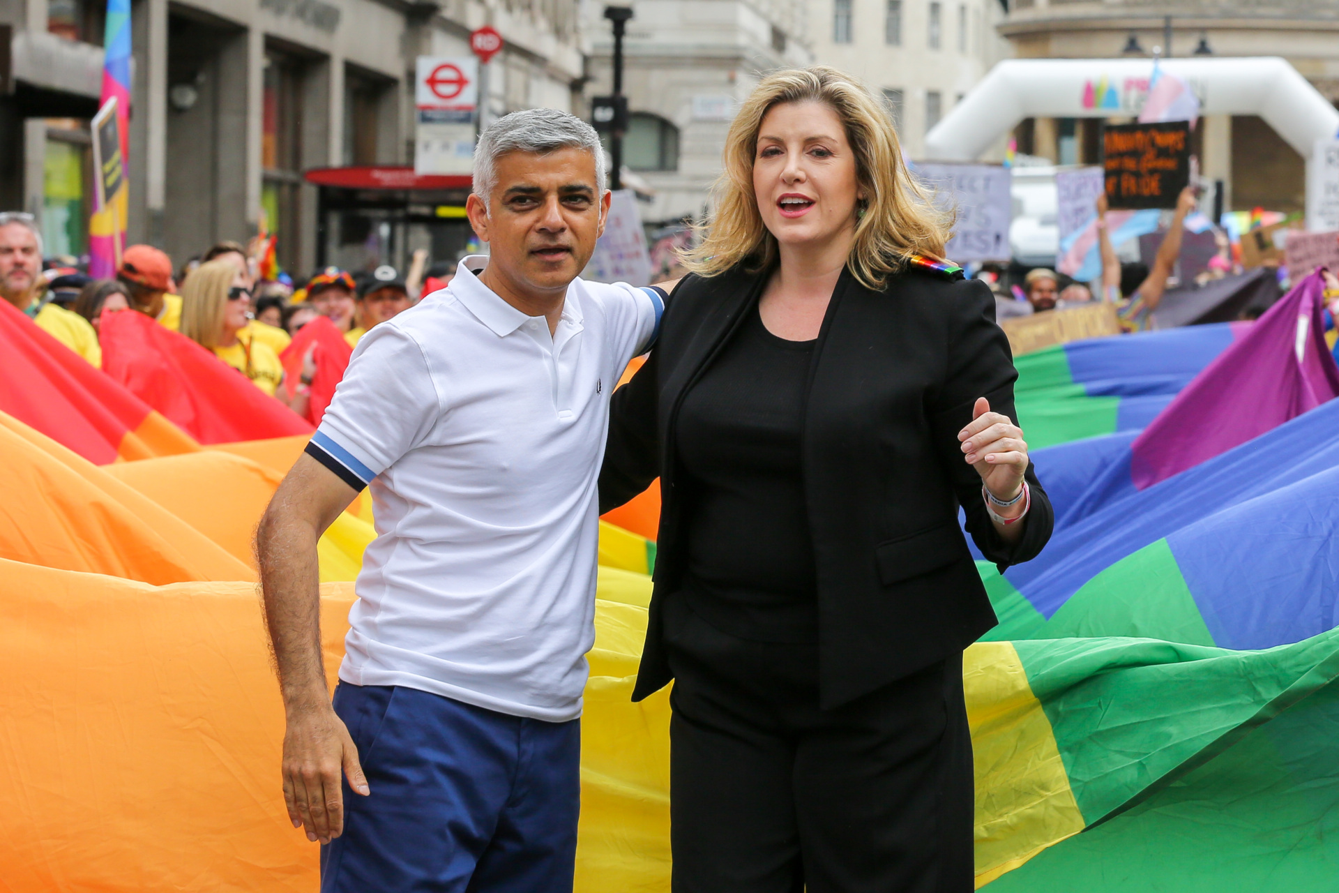 LONDON, UK, UNITED KINGDOM - 2019/07/06: Mayor of London, Sadiq Khan (L) and Penny Mordaunt Minister for Women and Equalities (R) are seen during the parade. The biggest ever, Pride In London parade in central London. An estimated over 1 million people lined along the route in support of the LGBT (Lesbian, Gay, Bisexual and Transgender / Transsexual) community. (Photo by Dinendra Haria/SOPA Images/LightRocket via Getty Images)