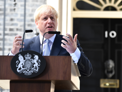 LONDON, ENGLAND - JULY 24: New Prime Minister Boris Johnson speaks to media outside Number