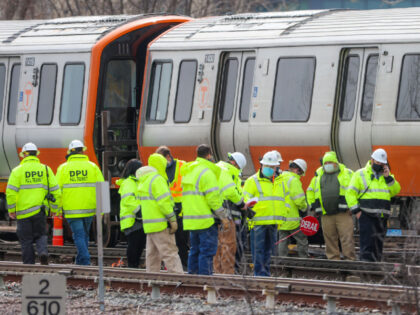 MEDFORD - MARCH 15: T officials inspecting the derailment of the Orange Line T train just outside the Wellington MBTA station in Medford, MA on March 16, 2021. (Photo by Matthew J. Lee/The Boston Globe via Getty Images)