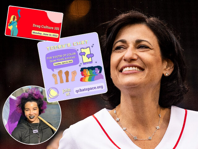 (INSETS: social media posts from Qchatspace) Rochelle Walensky, Director of the Center for Disease Control and Prevention, looks on before throwing a ceremonial first pitch during a pre-game ceremony before the first game to host 100% capacity fans during the Covid-19 coronavirus pandemic between the Boston Red Sox and the …