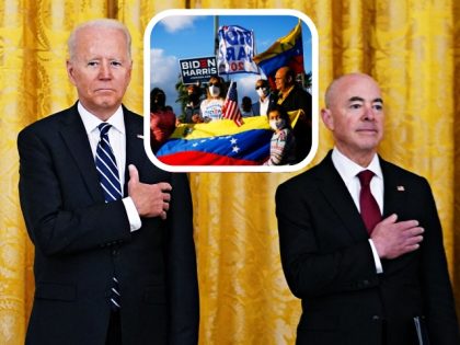 US President Joe Biden (C) and Homeland Security Alejandro Mayorkas (R) listen to the nati