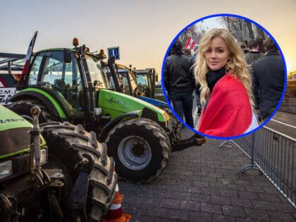 Farmers protest with tractors lined up along the access road, at the entrance of the circuit the Formula 1 circuit of Zandvoort, on September 3, 2021. - The presence of the farmers is to draw attention to "the difficult situation" that farmers are currently in due to nitrogen restrictions, according …