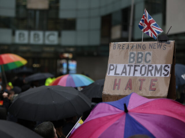 LONDON, ENGLAND - JANUARY 08: Demonstrators attend the Trans Activism UK "British Bigotry Corporation: Platforming Hate Is Not Impartial" protest at BBC Broadcasting House on January 8, 2022 in London, England. Trans Activism UK are protesting at BBC against its perceived anti-trans agenda. (Photo by Hollie Adams/Getty Images)