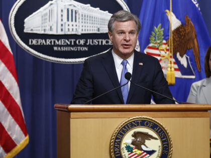 Christopher Wray, director of the Federal Bureau of Investigation (FBI), speaks during a news conference at the Department of Justice in Washington, D.C., U.S., on Wednesday, April 6, 2022. The Justice Department said it had unsealed an indictment against Konstantin Malofeev for sanctions violations, the first U.S. charges against a …