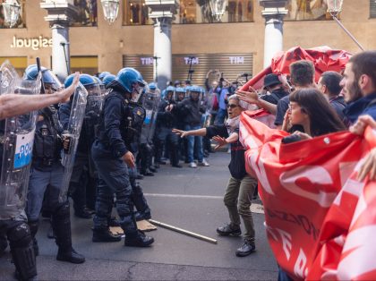 Protestors clashed with riot police during the demonstration of International Workers' Day on May 1, 2022, in Turin, Italy. International Workers' Day, also known as Labour Day in some countries, is a celebration of laborers and the working classes and occurs every year on May Day. (Photo by Mauro Ujetto/NurPhoto …