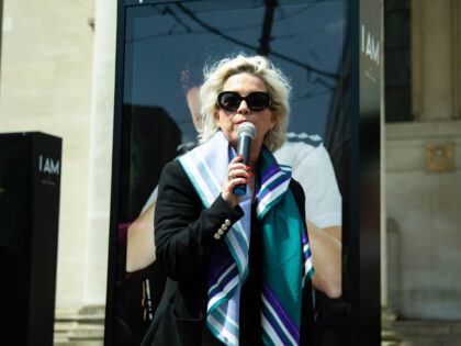 MANCHESTER, UNITED KINGDOM - 2022/05/15: Posie Parker speaks at the Anti-Trans Protest. The Anti-Transgender group headed by Posie Parker and the Manchester Trans Rise Up (pro-trans activists) protested against one another at St. Peter's Square. Initially, the Anti-Transgender group headed by Posie Parker, the controversial woman who harassed a prominent …