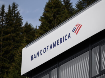 A picture taken on May 23, 2022 shows a sign of Bank of America at their stand ahead of th