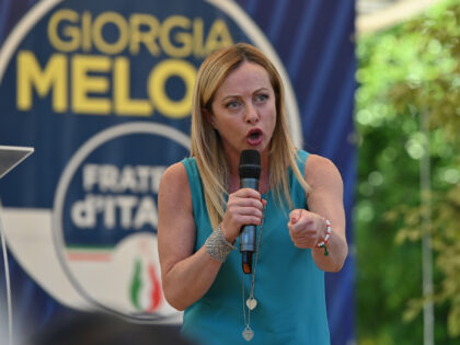 The leader of ''Fratelli d'Italia'', Giorgia Meloni in Messina to support the electoral campaign of the mayoral candidate Maurizio Croce, in Messina (Italy), on June 01,2022 (Photo by Gabriele Maricchiolo/NurPhoto via Getty Images)