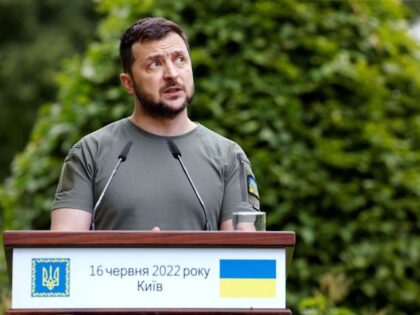 Ukrainian President Volodymyr Zelensky holds a press conference with the heads of state of France, Germany and Romania, at Mariinsky Palace in Kyiv, on June 16, 2022. - The leaders of major EU powers France, Germany and Italy vowed on June 16 to help Ukraine defeat Russia and to rebuild …