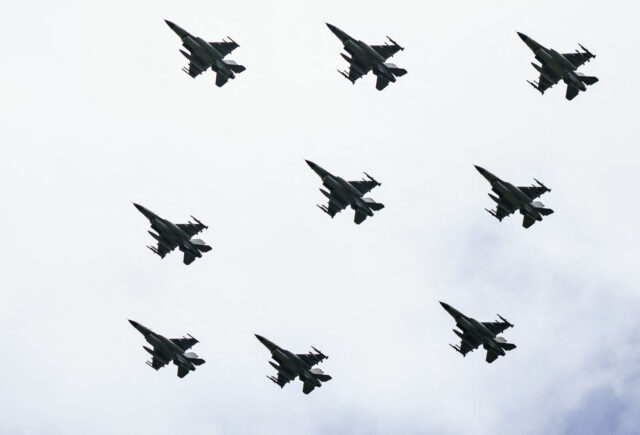 F-16 aircrafts perform at the Danish Air Show at Karup Airport, on June 19, 2022. - Denmar