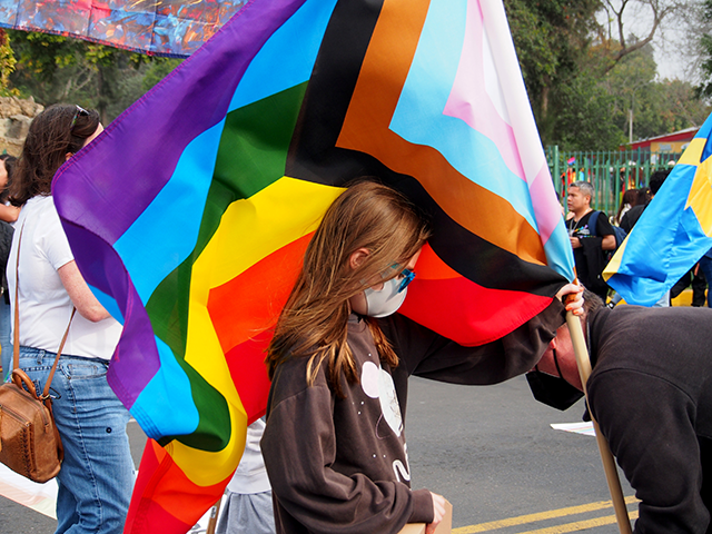 A girl waving a LGBT flag when thousands of activists from the LGBT + community and sympathizers took to the Lima downtown streets to participate in the 2022 Peru Pride Parade in search of recognition of their civil rights and against discrimination. (Photo by Carlos Garcia Granthon/Fotoholica Press/LightRocket via Getty …