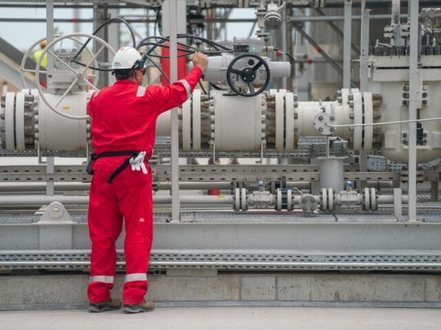 A worker does routine checks during a press tour at the opening of a gas processing plant using the rich gas resources from the Black Sea, on June 28, 2022 in Vadu, Romania. - The EU looks to reduce its dependency on Russian gas after Moscow's invasion of Ukraine. An …